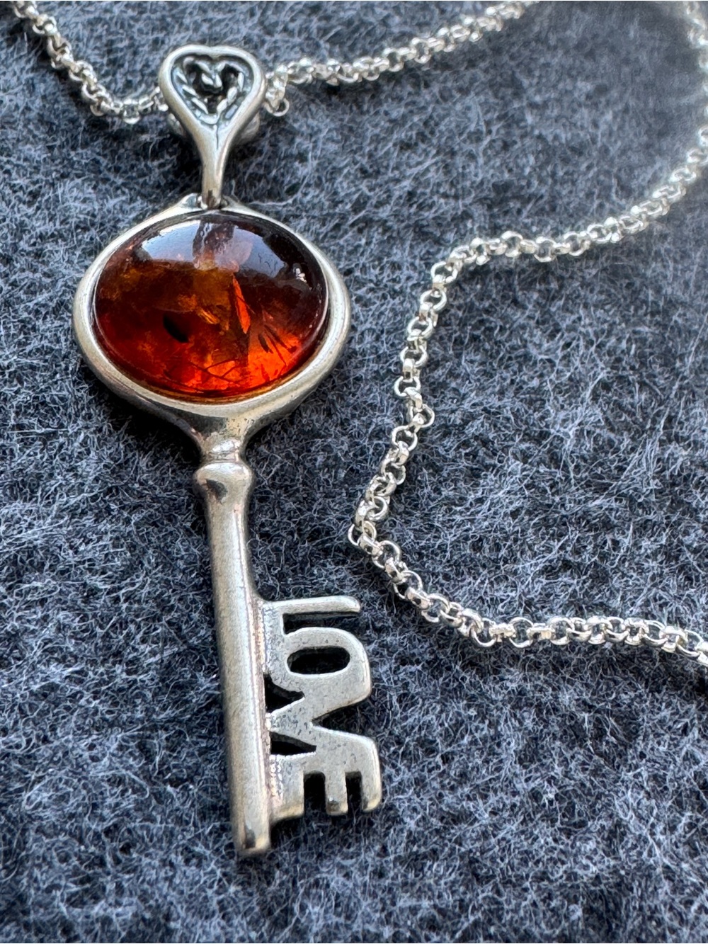 Sterling Silver 925 Natural Amber LOVE Key Pendant Necklace Vintage Style